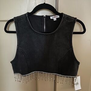 New With Tags | Medium Black Denim Cropped Top with Beaded Hem